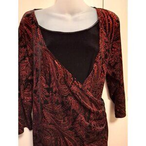 Notations Womens Velvet Faux Wrap Top Size 2X Red Glitter Paisley Party Holiday